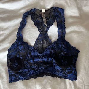 Intimately free people bralette black and blue lace with racer back.
